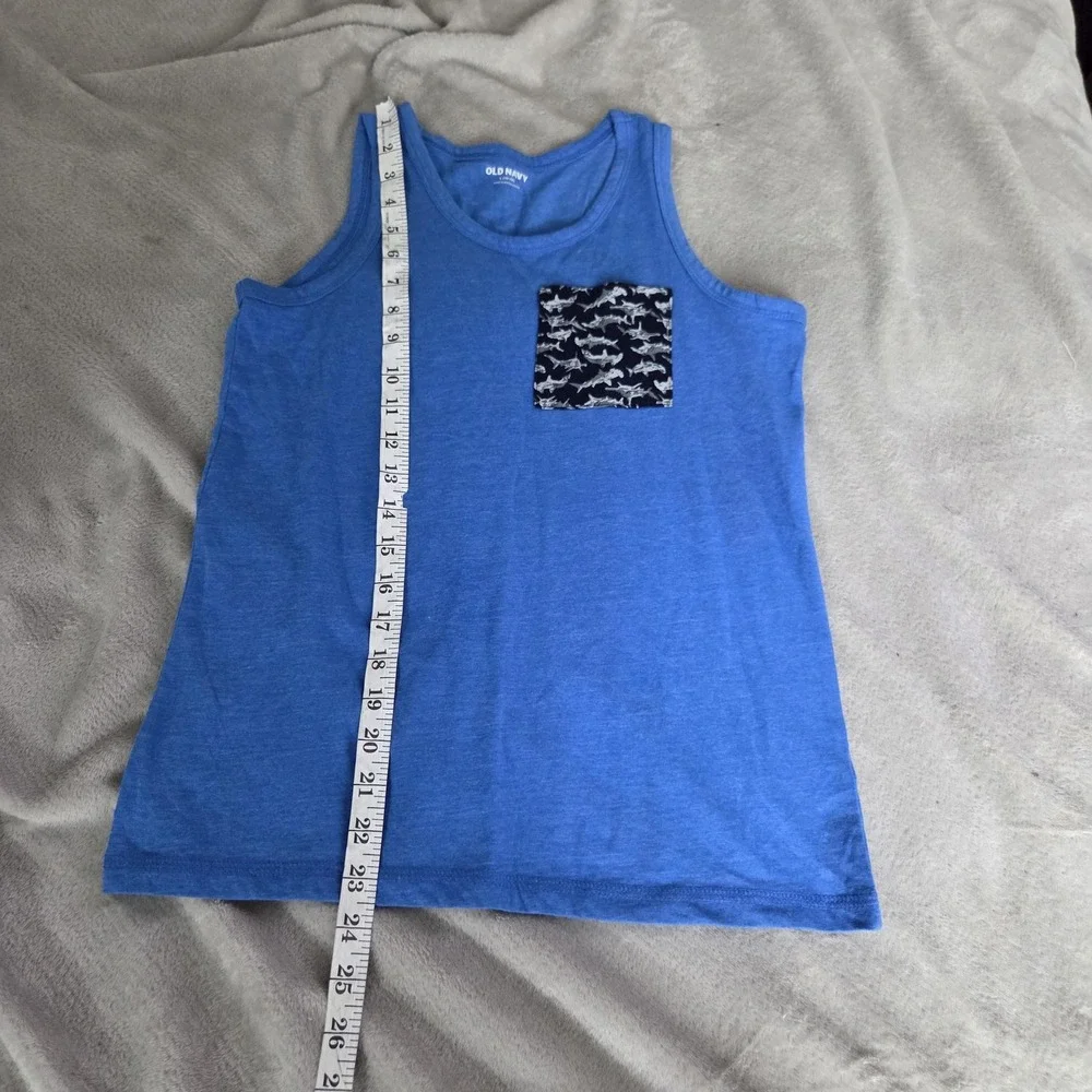Old Navy Tank Top Boys Large 10-12 Blue Shark Pocket Tagless Jersey Sleeveless